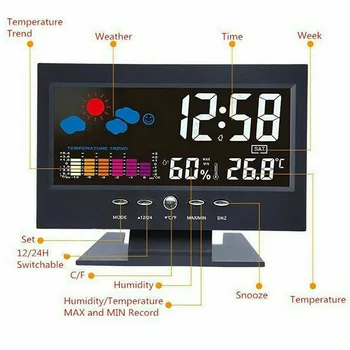 Elektronski Digitalni LCD Temperatura Vlažnost Zaslon Ura Termometer v Zaprtih prostorih Doma Vremenska Napoved Dremež Budilka Koledar