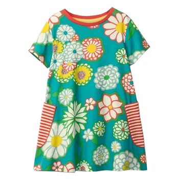 Frocks za Dekleta 2021 Poletje Baby Girl Obleke Malčka Bombaž Cvet Tiskanja Vestiods Priložnostne Pocket Oblačenja za Otroke 2-7 Let 41596