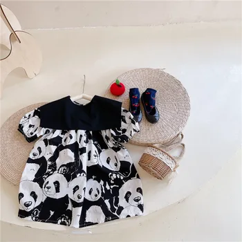 7782 Baby Girl Oblačenja Poletnih Oblačil 2021 Nova Risanka Panda Tiskanja Dekle Obleko Znižuj Ovratnik Dekle Počitnice Stranka Obleko Oblačila