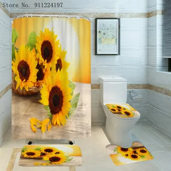 Cvet Tuš Zavese Set 4 Kos Ne Zdrsne 3D Sončnično Tiskanja Poliester Wc Pokrov Mat Nepremočljiva Kopalnica Tuš Zavese