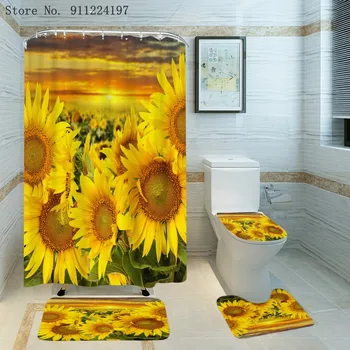 Cvet Tuš Zavese Set 4 Kos Ne Zdrsne 3D Sončnično Tiskanja Poliester Wc Pokrov Mat Nepremočljiva Kopalnica Tuš Zavese