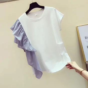 T-Shirt Prugasta Nezakonitih Šivanje Ogrlicom Kratek sleeved majica s kratkimi rokavi Ženske Pomlad In Poletje 2021 korejska Različica Obleko Za Dekle