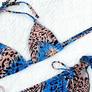 INGAGA Tri Kos Bikini Ženske Kopalke, Push Up Kopalke Leopard Biquini Povodcem Kopalne Obleke Očesa prikriti Plažo 2021