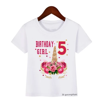 Novo dekleta t-majice srčkan samorog risanka tiskanja 2 to11 let happy birthday grafični dekle oblačila, casual otroci tshirt vrhovi