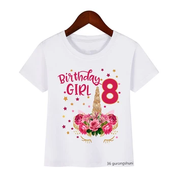 Novo dekleta t-majice srčkan samorog risanka tiskanja 2 to11 let happy birthday grafični dekle oblačila, casual otroci tshirt vrhovi