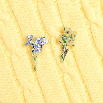 Po meri Posušeni cvetovi Sončnice Iris Emajl Pin Broške Vrečko Oblačil River Pin Značko Rastlin Nakit Darilo za Ljubitelja za punco 45449