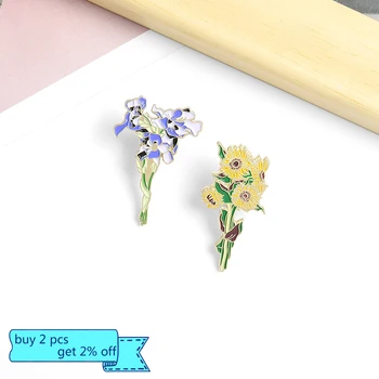 Po meri Posušeni cvetovi Sončnice Iris Emajl Pin Broške Vrečko Oblačil River Pin Značko Rastlin Nakit Darilo za Ljubitelja za punco