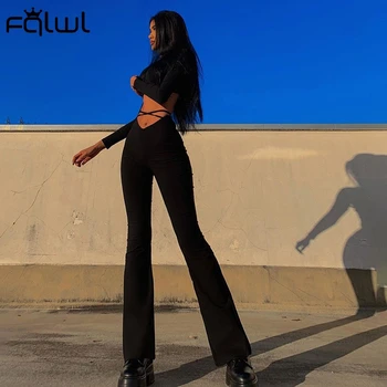 FQLWL Ženske Seksi Clubwear Visoko Pasu Bodycon Dolge Hlače Črne Čipke Dokolenke 2021 Ženska Stranka, Suh Širok Noge Hlače Ženske
