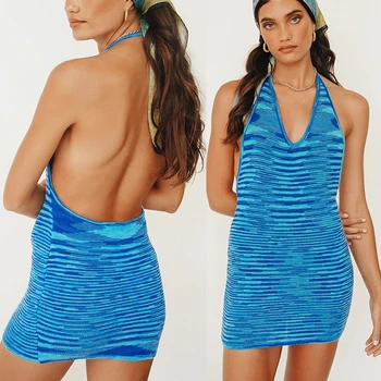2021 V Vratu Pleteno Obleko Bodycon Modre Ženske Povodcem Vratu Backless Povoj Poletni Plaži brez Rokavov Seksi Mini Obleke Y2K