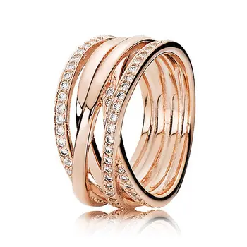 925 Sterling Srebro pan Obroč Rose Zlata, Odpri delo Večnost Entwined Crystal Ring Za Ženske Poročno Darilo Fine Nakit