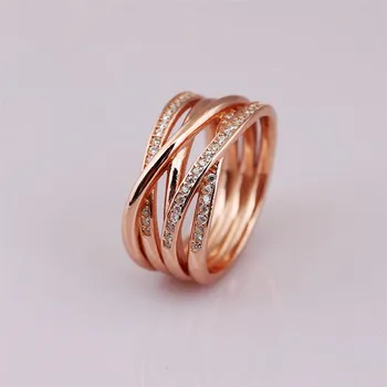 925 Sterling Srebro pan Obroč Rose Zlata, Odpri delo Večnost Entwined Crystal Ring Za Ženske Poročno Darilo Fine Nakit