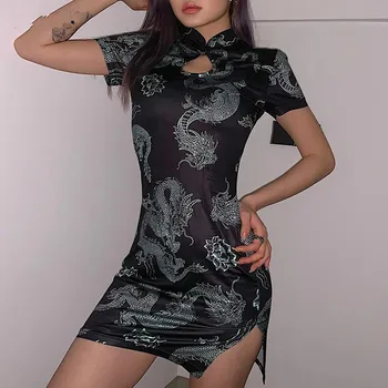 2021 Tradicionalno Kitajsko Obleko za Ženske Zmaj Gothic Robom Split Seksi Mini Obleke Votlih Iz Cheongsam Letnik Stranka