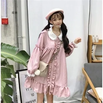 2021 Roza Kawaii Lolita Obleko Dekleta Japonski Ljubka Lolita Slog Obleko Mehko Dekle Ruffles Mozaik Dolg Rokav Mini Obleke Ženske