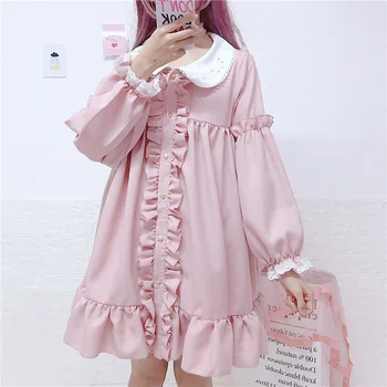2021 Roza Kawaii Lolita Obleko Dekleta Japonski Ljubka Lolita Slog Obleko Mehko Dekle Ruffles Mozaik Dolg Rokav Mini Obleke Ženske