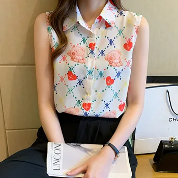 Tiskanje Gumb Gor Ženske Majice Brez Rokavov Bluzo Srajce Korejski Modna Oblačila Šifon Ulične Plus Velikost Vrhovi 2021 Poletje Nova