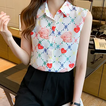 Tiskanje Gumb Gor Ženske Majice Brez Rokavov Bluzo Srajce Korejski Modna Oblačila Šifon Ulične Plus Velikost Vrhovi 2021 Poletje Nova