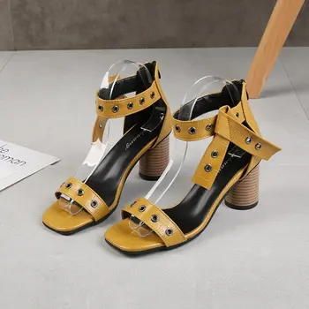Gladiator sandali ženske čevlje 2021 poletje nov modni open toe blok visokih petah velik plus velikost 43 rumena stranka punk čevlji
