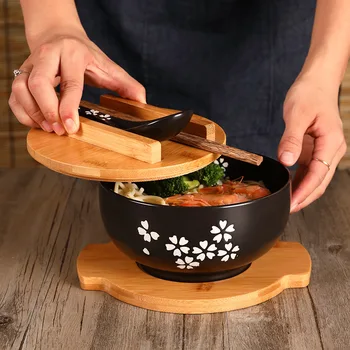 Črna keramična rezanec bowl s pokrovom žlico instant rezanec bowl korejski juha skledo riža skledo Japonske kuhinje namizna 48782