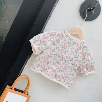 Poletje Nov Slog Korejsko Dekle Obleko Japonski, Kitajski Slog Cvetlični Srčkan Bluzo In Krilo Obleko, Dvodelno, Baby Otroci Otroci Oblačila