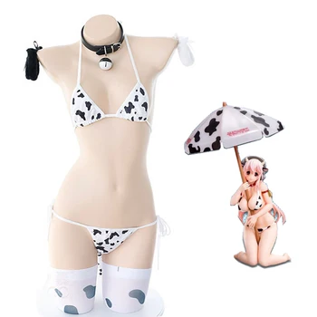 Japonski Anime Super Sonico Krava Cosplay Kostum Lolita Punca Luštna Bikini Obleko, Perilo, Seksi Modrček in Hlačne Perilo Nastavite Nogavice