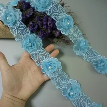 1 dvorišče 5 cm Topne Blue Diamond Cvet Cvetni Vezene Čipke Trim Aplicirano Tkanine, Čipke Traku Šivanje Obrti Kostum Za Klobuk