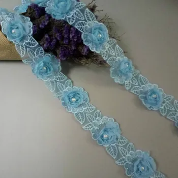 1 dvorišče 5 cm Topne Blue Diamond Cvet Cvetni Vezene Čipke Trim Aplicirano Tkanine, Čipke Traku Šivanje Obrti Kostum Za Klobuk