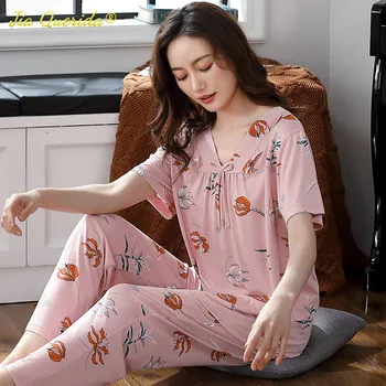 Pijamas Ženske Poletje Pomlad Loungewear Velika Velikost Elastična Kul Modal Sleepwear Kratka Sleeved Cvjetnim Tiskanje ženski dvodelni Set 51986
