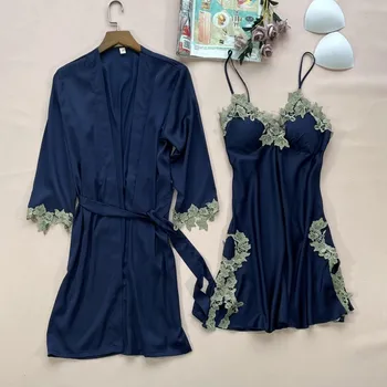 Nevesta Družico Poročni Obleki Seksi Sleepwear Kimono Obleke Ženske Haljo Saten 2 Kos Mirovanja Nastaviti Čipke More Z Blazine Nightdress