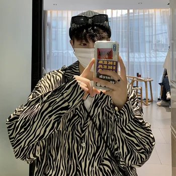 Zebra Vzorec Natisnjene Shirt Mens Dolg Rokav Klub Srajce Korejski Harajuku Design Punk Stranka Ulične Ohlapno Fit Gumb Bluzo