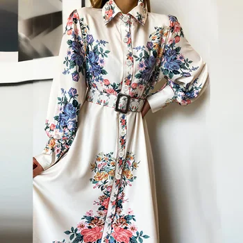 2021 Pomlad Elegantno Sashes Cvjetnim Tiskanja Stranka Obleko Maxi Ženske Priložnostne Dolg Rokav Gumbi Obleke Ženska Ženska Oblačila Vestidos