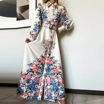 2021 Pomlad Elegantno Sashes Cvjetnim Tiskanja Stranka Obleko Maxi Ženske Priložnostne Dolg Rokav Gumbi Obleke Ženska Ženska Oblačila Vestidos