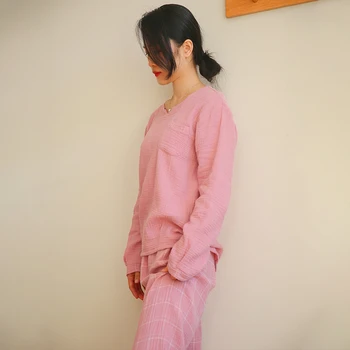 Ženske Bombažno Pižamo Določa Japonski Slog Bombaž Sleepwear Dolgi Rokav Preja Pomlad Poletje Pijamas Barva Homewear Roza 2PCS 54670