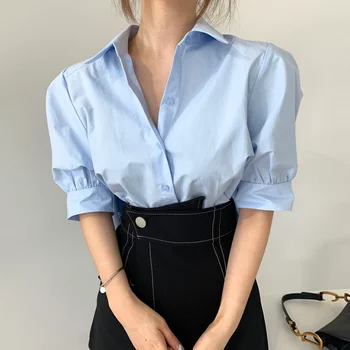 Kimotimo Ženske Majice korejski Elegantna Poletje Nežen Solid Blue Zavoj navzdol Ovratnik Nazaj Naguban Svoboden Kratka sleeved Bluzo Urad Dama
