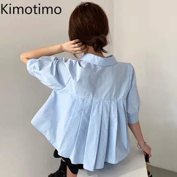 Kimotimo Ženske Majice korejski Elegantna Poletje Nežen Solid Blue Zavoj navzdol Ovratnik Nazaj Naguban Svoboden Kratka sleeved Bluzo Urad Dama