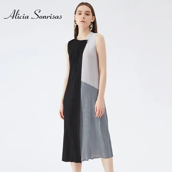 2021 Poletje Nove Preprosto Elegantno Tri-Barvni Šivi Obleko Slim Fit Hujšanje Vsestranski Mid-Dolžina A - line Oblačenja za Ženske
