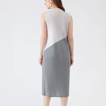 2021 Poletje Nove Preprosto Elegantno Tri-Barvni Šivi Obleko Slim Fit Hujšanje Vsestranski Mid-Dolžina A - line Oblačenja za Ženske