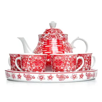 Kitajski poroko čajnik teacup rdeči čaj pot pokal bowl nabor keramičnih teaware ustvarjalno veselje nevesta darilo doto poroke, praznovanje
