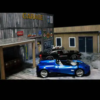 1/64 garaža tovarne, skladišča, popravilo hiše model zgradbe avto vozila igrača zbirka parkirišče prizor, v ozadju Zahodni Retro