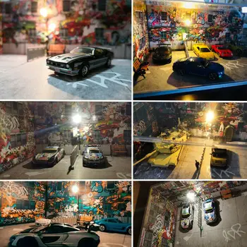1:64 Model Avtomobila Diorama Graffiti Stena Pokrajino z LED Lučka Street Corner Kulise (cestno Svetilko lahko vklopite)
