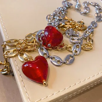 Kshmir Retro novo kovinsko zlato rdeče srce ogrlico, obesek, ženski plima ključnico pulover verige nakit darila na debelo 2021