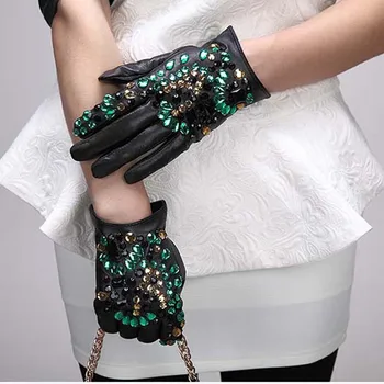 Femme Ženske zimske Rokavice Pisane Diamond Pravi Ovčje kože Rokavice Ženske črne Usnjene rokavice