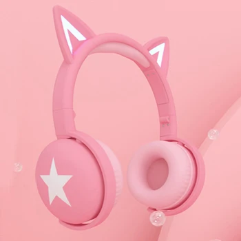 Mačje Uho Brezžične Slušalke Žareče Srčkan Zložljive Bluetooth 5.0 Roza Stereo Slušalke Slušalke z Mikrofonom &10 Barvno LED Luči