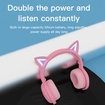 Mačje Uho Brezžične Slušalke Žareče Srčkan Zložljive Bluetooth 5.0 Roza Stereo Slušalke Slušalke z Mikrofonom &10 Barvno LED Luči