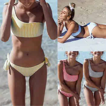 Seksi Žensk Seksi Prugasta Natisnjeni Brazilski Eno Ramo Push up Bikini Plus velikost Kopalke, Dva Kosa Kopalke Plažo 2021