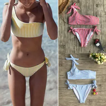 Seksi Žensk Seksi Prugasta Natisnjeni Brazilski Eno Ramo Push up Bikini Plus velikost Kopalke, Dva Kosa Kopalke Plažo 2021