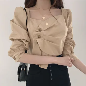 Kimotimo Moda Nezakonitih Majice Ženske korejski Ins Seksi Dolg Rokav Odrezana Vrhovi Poletje Gube Načrtovanje Vse-tekmo Bluzo Camisas