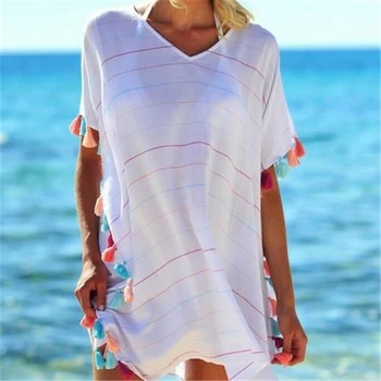 Ženske Tassel Obleko Poletje V Neck Ženske Bluzo Majica Plavanje Vrhovi Prugasta Bikini Prikriti Kopalk Beach Obleko Salida De