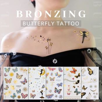 Zlato uporabo v Flash 3D, Body Art Vodo Prenos Nepremočljiva Začasni Tattoo Nalepke Za Ženske, Dekleta Metulj Cvet Roko Ponaredek Tetovaže