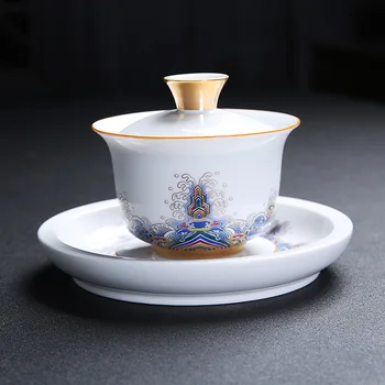 Sodišče Slog Zlata, Svile Emajl Velike Sancai Kritje Skledo Krožnik Tea Cup Pot Grelnik Vode Vplivajo Belega Porcelana Kitajskega Čaja, Keramični Set