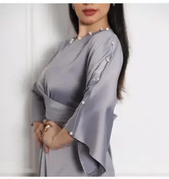Jalabiya Tam Kaftan Obleko Za Ženske Dubaj Turčija Mehko Satenasto Obleko Maxi Muslimanskih Arabski Islamski Haljo Obleka Sive Barve 6397